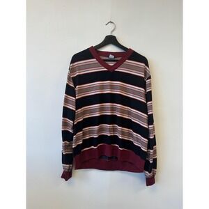 Vintage JCPenney Sweater Mens XL Black Burgundy Striped V Neck Pullover Knit